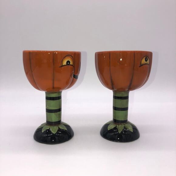 Johanna Parker Transpac Set Of 2 Jack O Lantern Pumpkin Goblets Halloween New - Picture 3 of 8